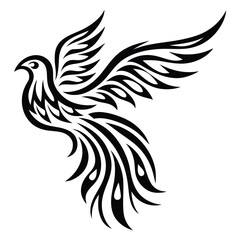 Black ornate dove gracefully takes flight, displaying uniquely stylized tribal wing feathers on white