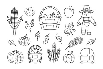 Autumn Harvest Bounty: Hand-drawn monochrome illustration celebrating the harvest season, showcasing an assortment of seasonal elements in charming detail.