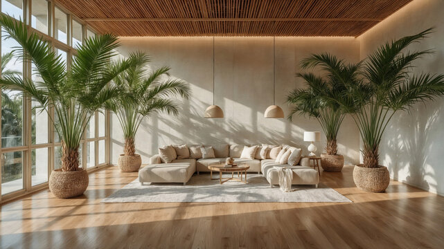 Luxurious modern living room interior design featuring natural light palm trees and contemporary furniture in a bright and airy atmosphere