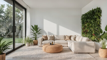 Modern living room interior design with l shaped sofa natural textures and green vertical wall with large windows