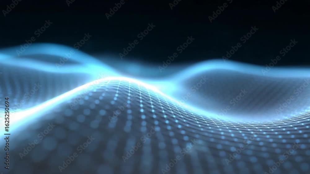 Poster digital light wave: an abstract digital illustration of a shimmering, blue light wave undulates acro