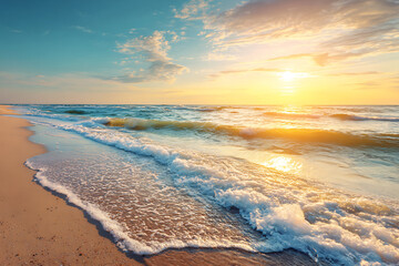 Golden Sunrise Over Gentle Waves on Sandy Beach