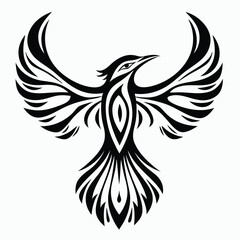 A stylized phoenix soars with bold black lines and elegantly spread wings