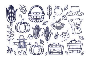 Autumn Harvest Delights: Whimsical line art showcases a bountiful collection of harvest elements, capturing the spirit of autumn, perfect for themed designs.