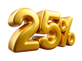 Bold golden 3 D numbers 25 percent symbol on black background isolated on a transparent background twenty-five