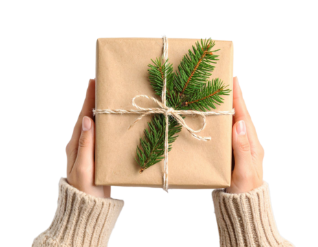 Hands Holding Eco Gift Box with Fir Branch, Isolated on Transparent Background