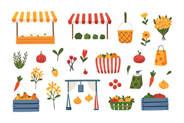 Fresh Market Bounty: A vibrant assortment of farmers market stalls bursting with organic produce and handcrafted goods. Perfect for illustrating community and the beauty of fresh food.