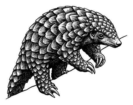 black and white pangolin climbing on branch clip art preview