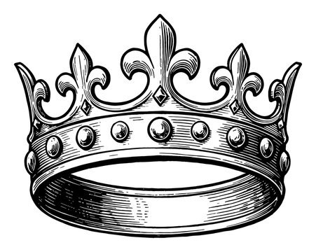 A Shiny Medieval Crown Royal Headpiece in Classic Vintage Engraved Black and White Outline Line Art Drawing