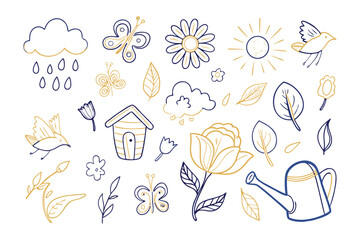 Blooming Garden Elements: A collection of hand-drawn illustrations of vibrant flowers, fluttering butterflies, and a radiant sun, embodying the essence of spring and renewal.