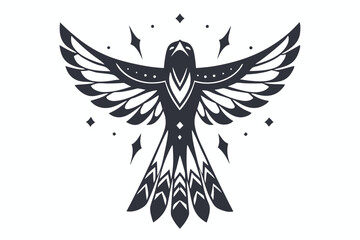 Fototapeta premium Detailed black soaring bird spreads majestic wings among shining celestial stars above