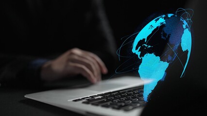 Global network connection visualization showing data exchange, digital link, worldwide...