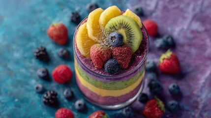 Overhead shot of a layered rainbow smoothie in a clear glass with assorted fresh fruit arranged symmetrically
