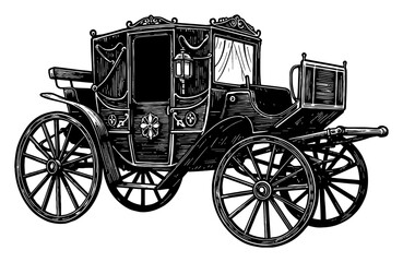Vintage Luxury Horse Drawn Carriage Black and White Outline Line Art Drawing Detailed Engraving Style