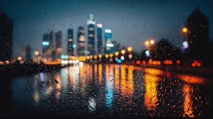 Rainy Night Cityscape Through Wet Window