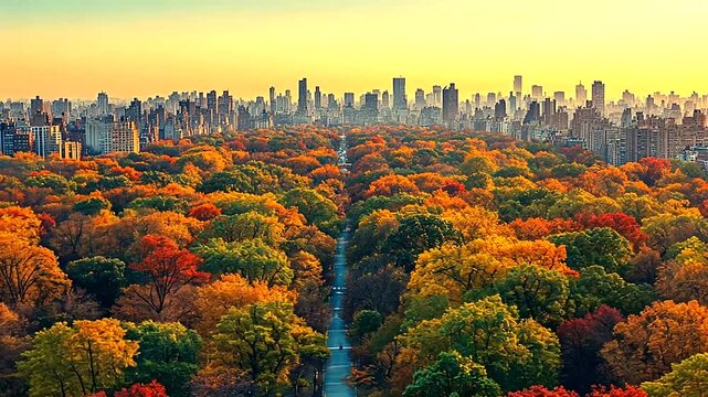 Aerial view of Central Park in the fall with vibrant colors and skyscrapers