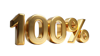 Three dimensional golden metallic numeral 100 with percent sign isolated on a transparent background