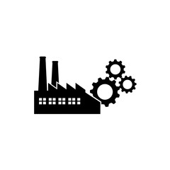 Black Factory Icon with Gears Representing Industry and Manufacturing Processes.
