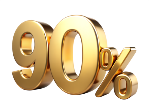 Three dimensional golden metallic numeral ninety percent symbol isolated on a transparent background