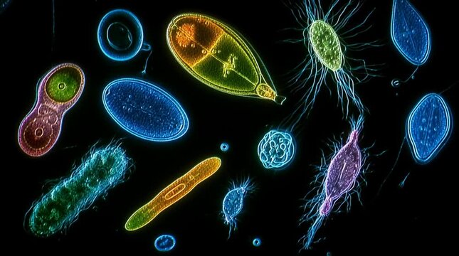 Microscopic view of paramecium and amoeba actively swimming in a drop of pond water. Dark-field microscopy lighting makes the microorganisms glow vividly against a deep black background.
