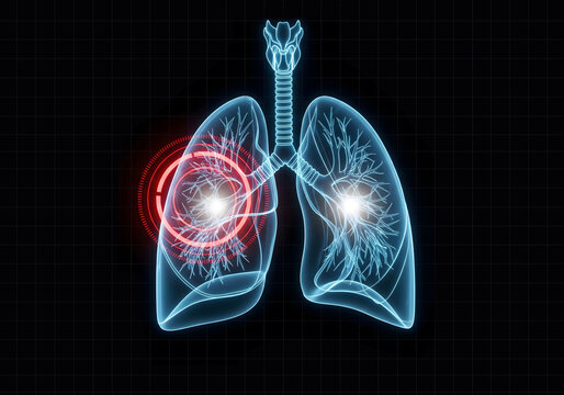 A blue holographic human lungs with a red pulsating target, symbolizing lung disease, medical diagnosis, illness detection, and futuristic healthcare technology