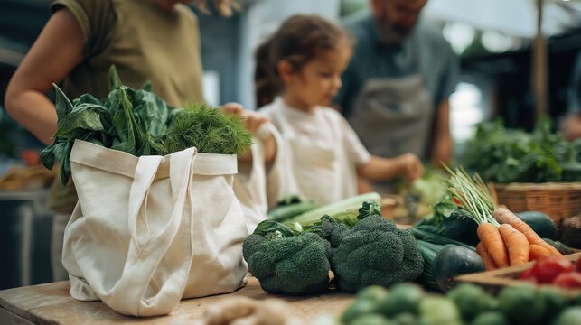 Fresh organic vegetables displayed on wooden table at market, with reusable bags and family members selecting produce, promoting sustainable eating and healthy lifestyle choices