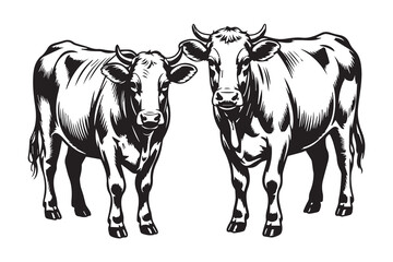 Fototapeta premium Two cows standing side by side black and white illustration