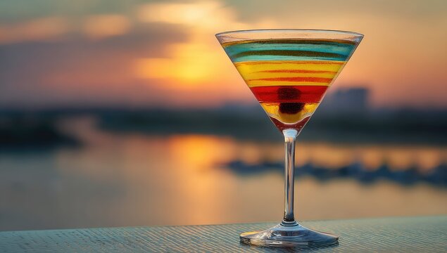 Colorful layered cocktail martini glass at sunset - Powered by Adobe
