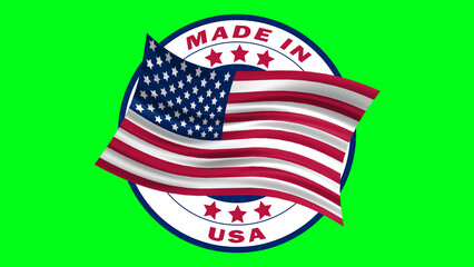 made in united states of america icon with waving national flag of usa on green screen. product manufacturing in usa.