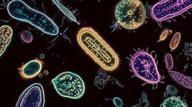 Microscopic view of paramecium and amoeba actively swimming in a drop of pond water. Dark-field microscopy lighting makes the microorganisms glow vividly against a deep black background.
