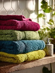 Colorful Stack Of Towels On Wooden Shelf