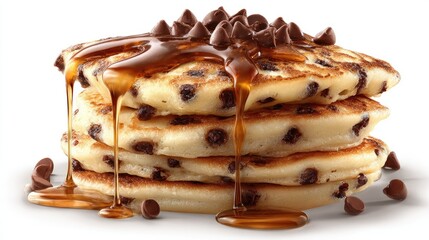 Chocolate Chip Pancakes Stacked With Maple Syrup