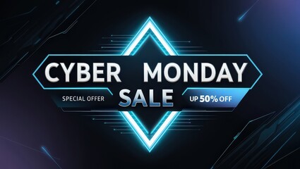 Cyber monday sale promotion with neon triangle and special offer on a dark blue and black background