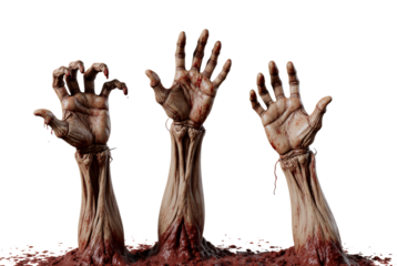 Collection of zombie hand and blood dripping rising from the ground isolated PNG