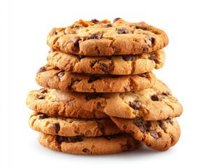 Stacked Chocolate Chip Cookies On White Background