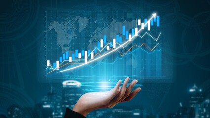 A futuristic hand presents a dynamic data visualization featuring a rising graph against a global map background, symbolizing growth in finance and business innovation. Copula