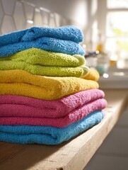 Stacked Colorful Towels On Wooden Shelf