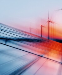 Solar panels and wind turbines in motion blur