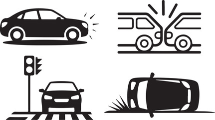 Obraz premium Car Accident and Traffic Icons – Black Silhouette Set