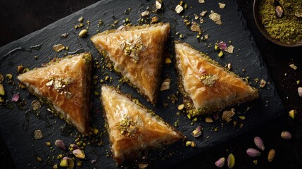 Flat lay of Mediterranean baklava with pistachios honey drizzle and gold leaf accents on dark slate