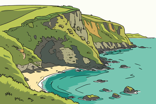 Discover the hidden caves beneath Cushendall&rsquo;s coastline in Northern Ireland, bathed in turquoise water, modern flat illustration style