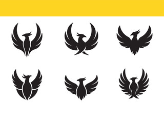 Collection of six black phoenix bird silhouette logo designs, powerful stylized eagle emblems with open wings.