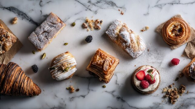 Flat lay of assorted French pastries on a marble counter warm morning light rustic wooden background crumbs scattered