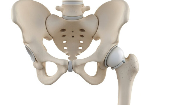 Anatomical illustration of the human pelvis and femur bone showing the hip joint on a white background