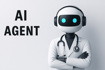 AI Agent concept featuring a 3D robot doctor with a stethoscope and headphones, symbolizing telemedicine, virtual medical assistance, and the future of healthcare.