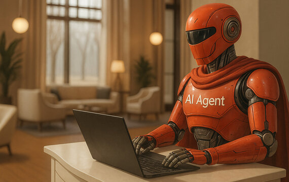 A superhero AI Agent robot in a red cape works on a laptop from home, symbolizing powerful virtual assistance, productivity, and remote work automation.