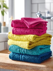 Stacked Colorful Towels In Bathroom