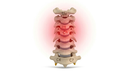 A cervical spine model with red glow indicating pain in the c5 and c6 vertebrae on a white background