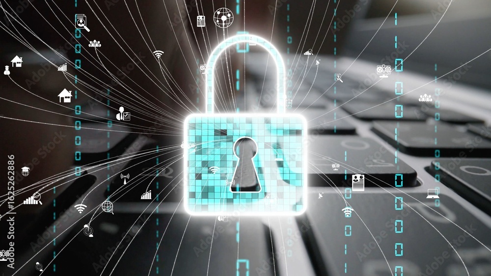 Poster this visually striking image represents digital security, featuring a lock symbol over a laptop keyb