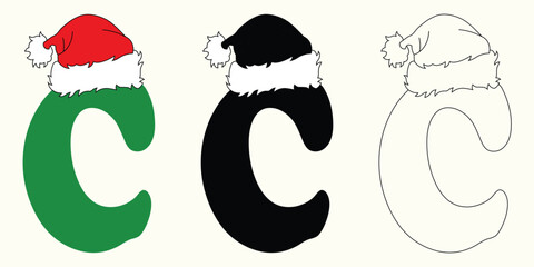 Christmas Letter C in Three Styles coloring, silhouette, and outline vector with Santa Hat – Festive Alphabet Vector Set.